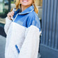 Good Vibes Denim & Ivory Patchwork Sherpa Half Zip Pullover - DAVERRI FASHIONS