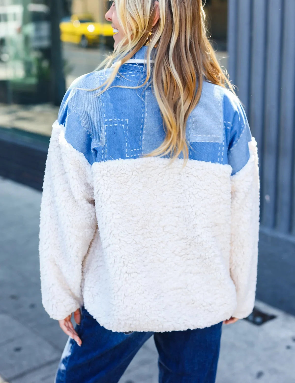 Good Vibes Denim & Ivory Patchwork Sherpa Half Zip Pullover | 2024 Blow-Out Sale Daverri Fashions