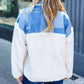 Good Vibes Denim & Ivory Patchwork Sherpa Half Zip Pullover - DAVERRI FASHIONS