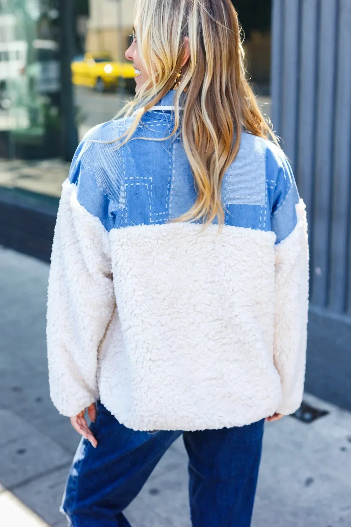 Good Vibes Denim & Ivory Patchwork Sherpa Half Zip Pullover - DAVERRI FASHIONS
