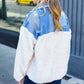 Good Vibes Denim & Ivory Patchwork Sherpa Half Zip Pullover - DAVERRI FASHIONS