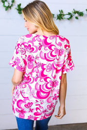 Magenta & White Geometric Floral V Neck Top | Blouses Daverri Fashions
