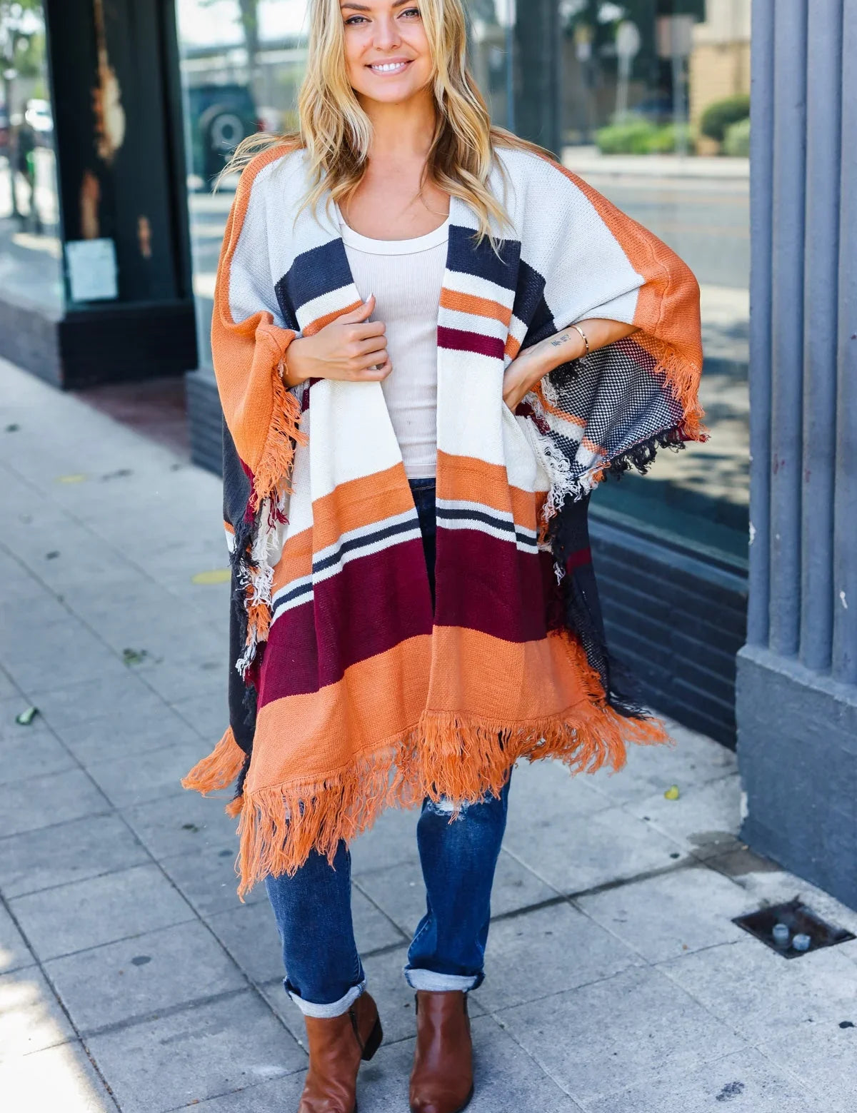 Follow Me Rust Multicolor Stripe Tassel Fringe Open Poncho | Daverri Fashions