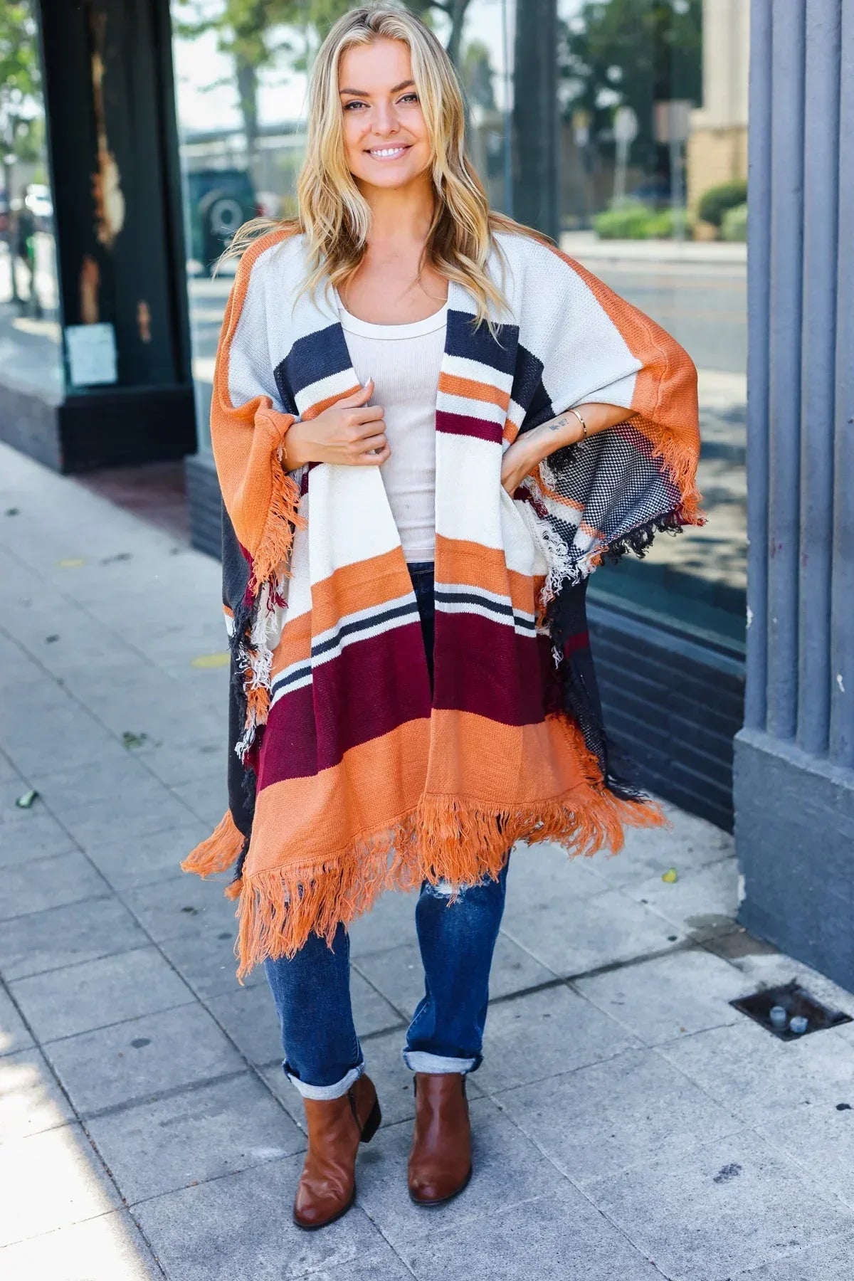 Follow Me Rust Multicolor Stripe Tassel Fringe Open Poncho - DAVERRI FASHIONS