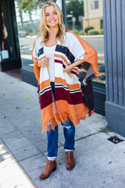 Follow Me Rust Multicolor Stripe Tassel Fringe Open Poncho | Daverri Fashions
