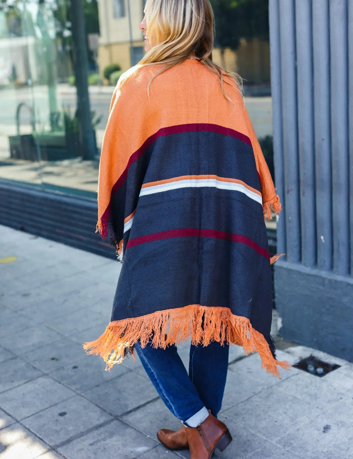Follow Me Rust Multicolor Stripe Tassel Fringe Open Poncho | Daverri Fashions