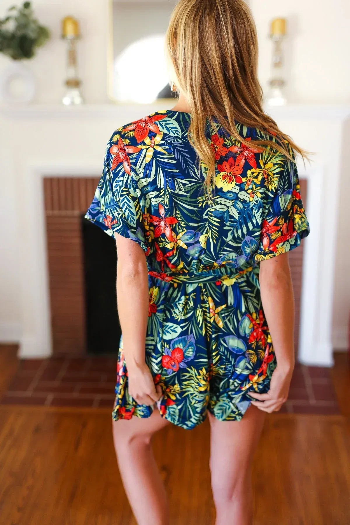 Navy Tropical Floral Surplice Romper - DAVERRI FASHIONS