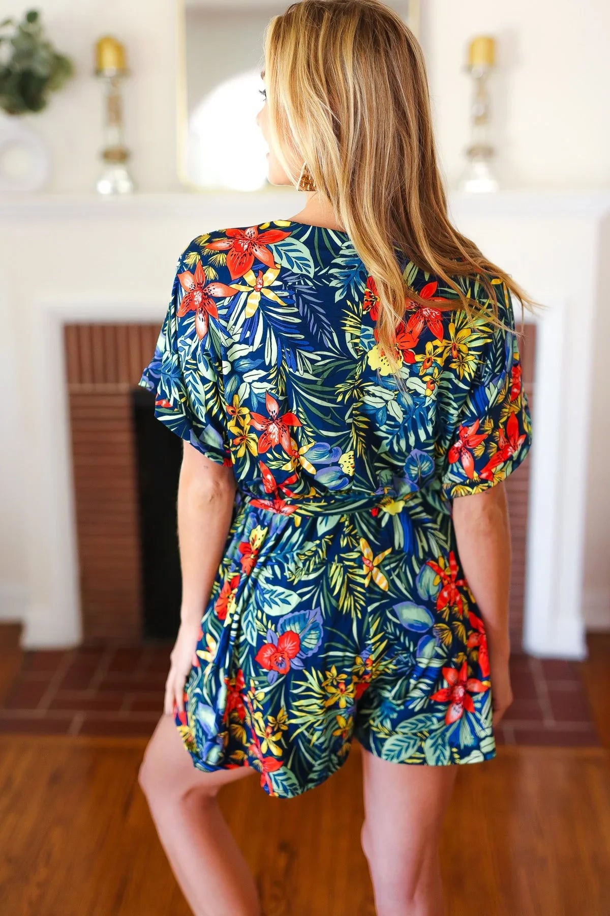 Navy Tropical Floral Surplice Romper | 07-01-25 Summer Sale Daverri Fashions