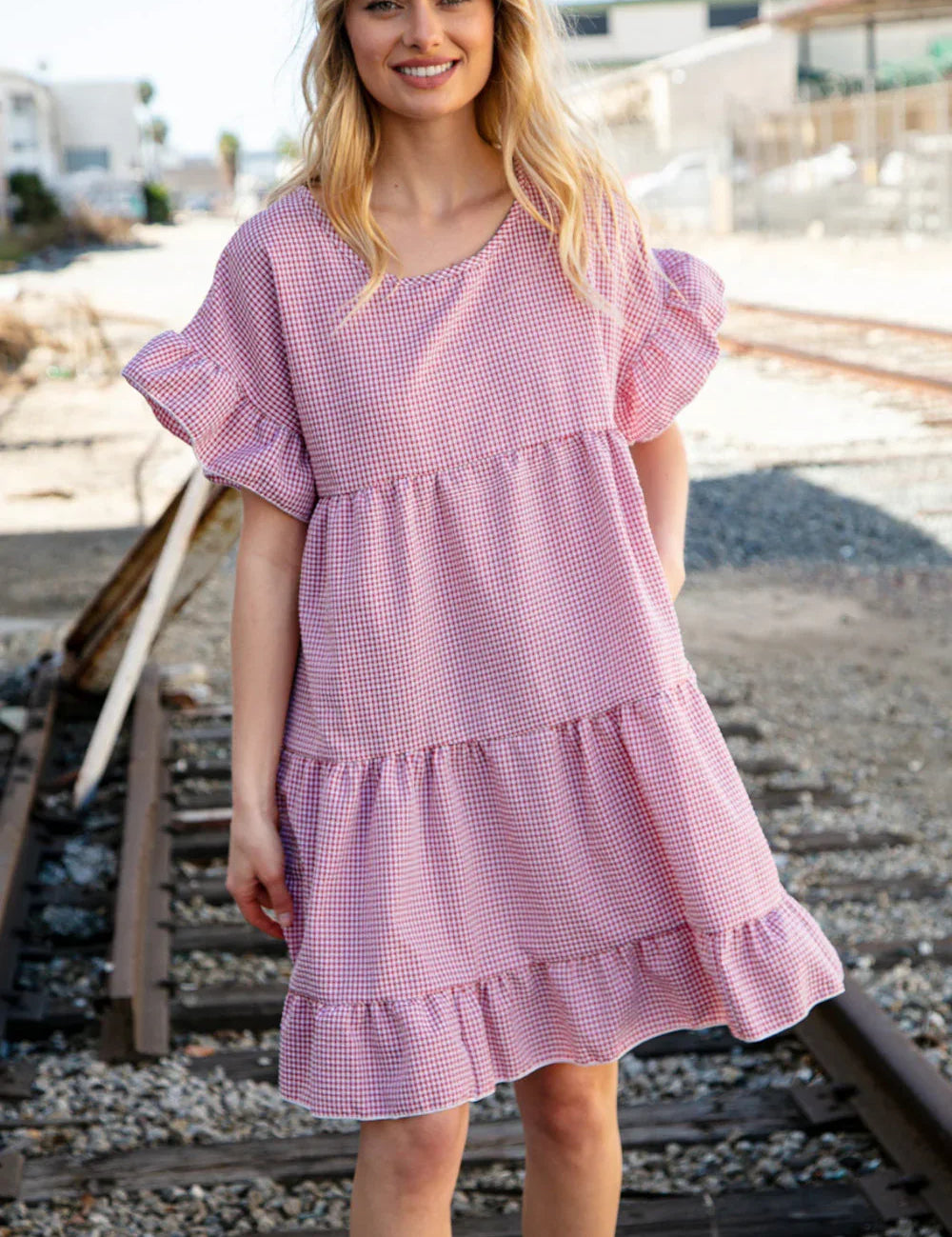 Red Ruffle Tiered Gingham Cotton Pocketed Dress | Daverri Fashions