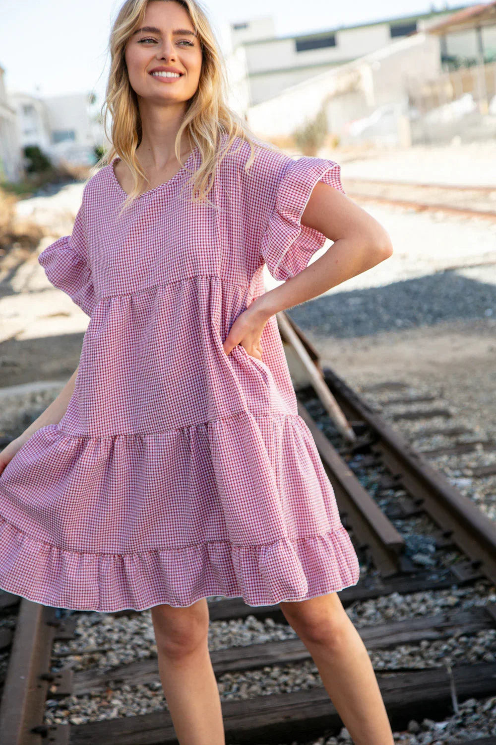 Red Ruffle Tiered Gingham Cotton Pocketed Dress | Daverri Fashions