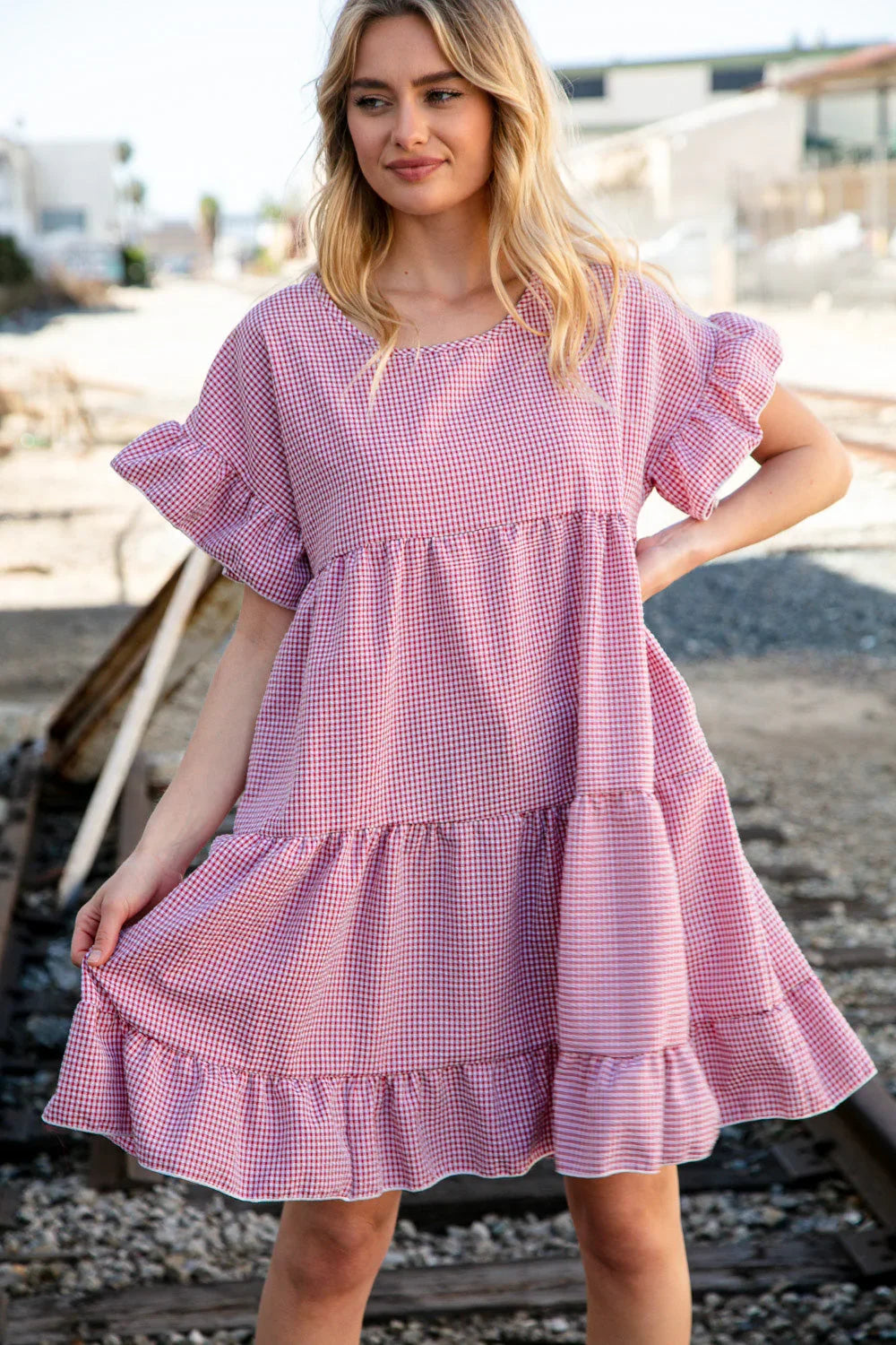 Red Ruffle Tiered Gingham Cotton Pocketed Dress | Daverri Fashions