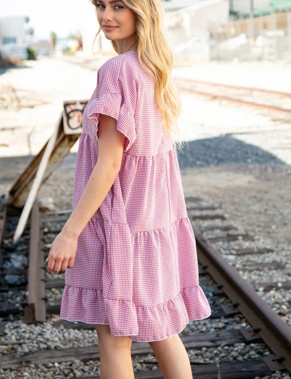 Red Ruffle Tiered Gingham Cotton Pocketed Dress | Daverri Fashions