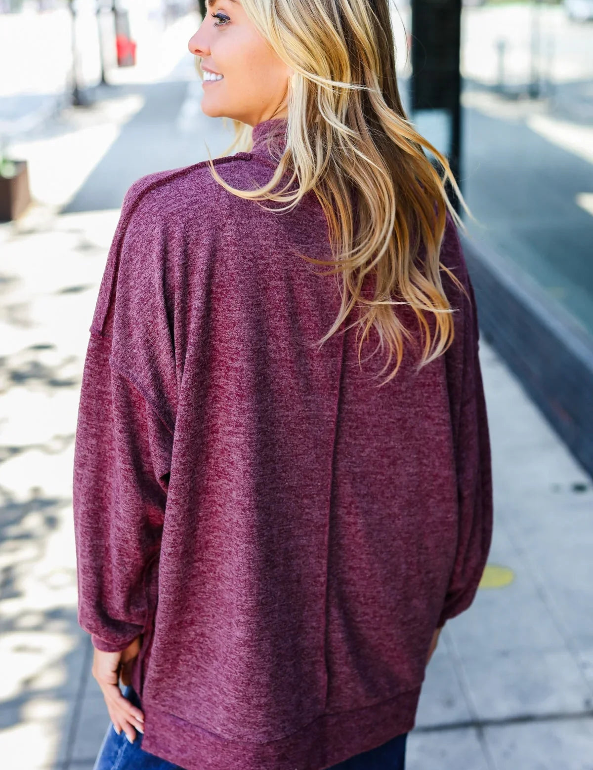 Weekend Ready Burgundy Brushed Mélange Mock Neck Sweater | Daverri Fashions