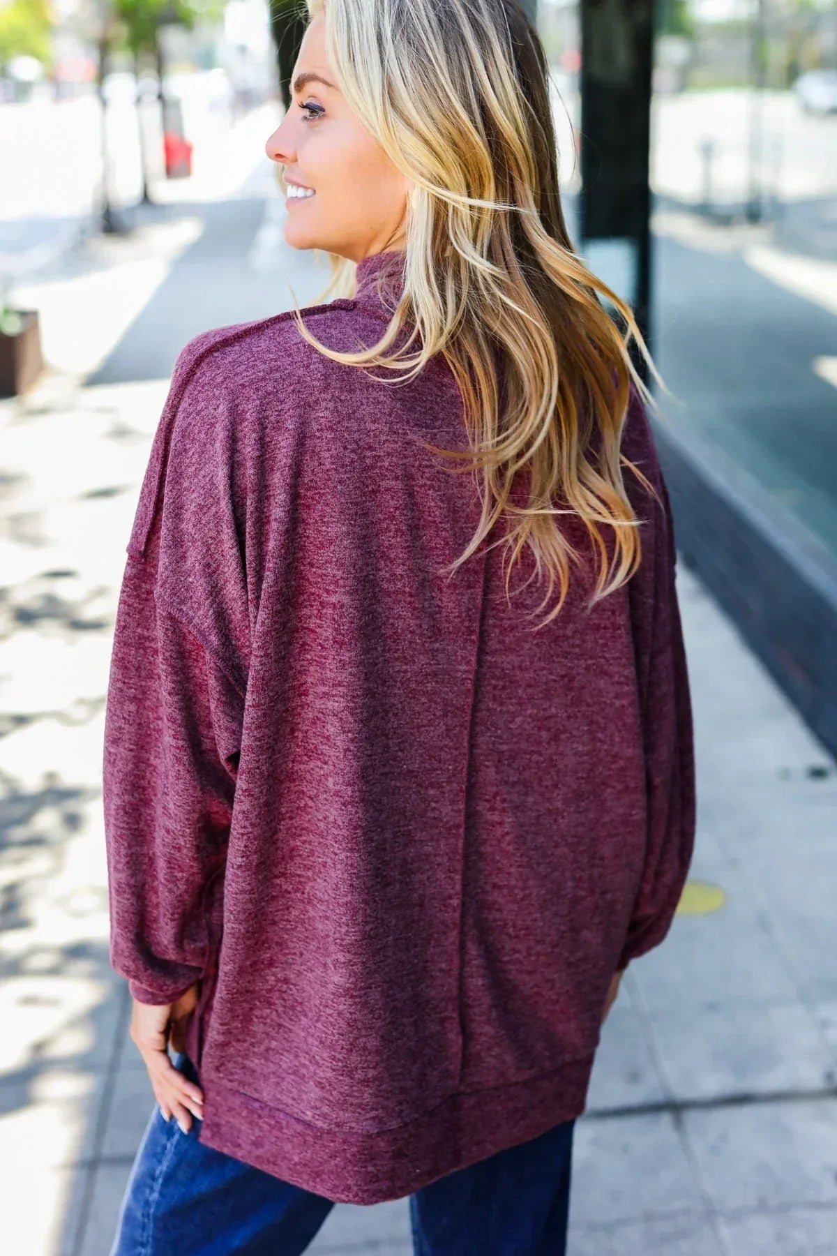 Weekend Ready Burgundy Brushed Mélange Mock Neck Sweater - DAVERRI FASHIONS