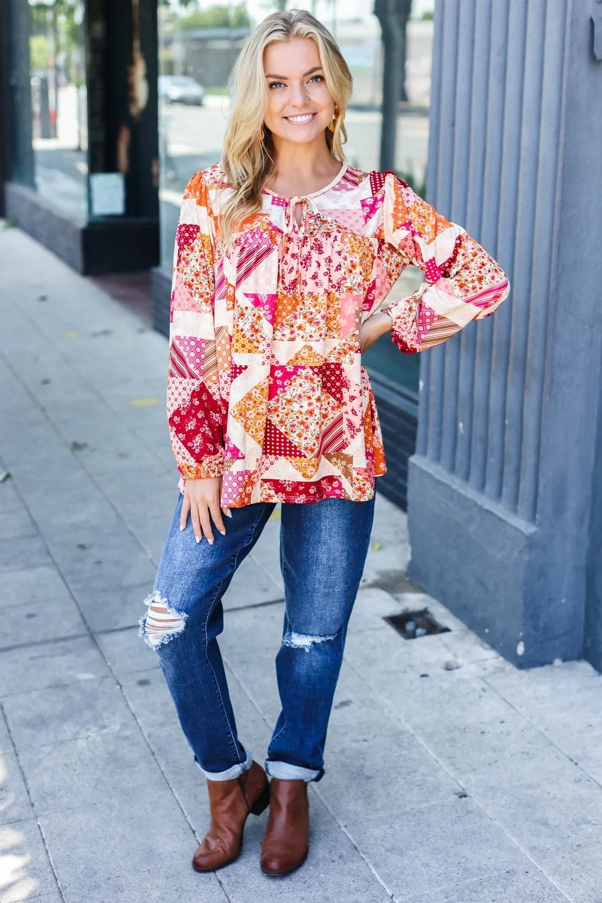 Rust & Magenta Patchwork Print Front Tie Boho Top | Daverri Fashions