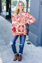 Rust & Magenta Patchwork Print Front Tie Boho Top | Daverri Fashions