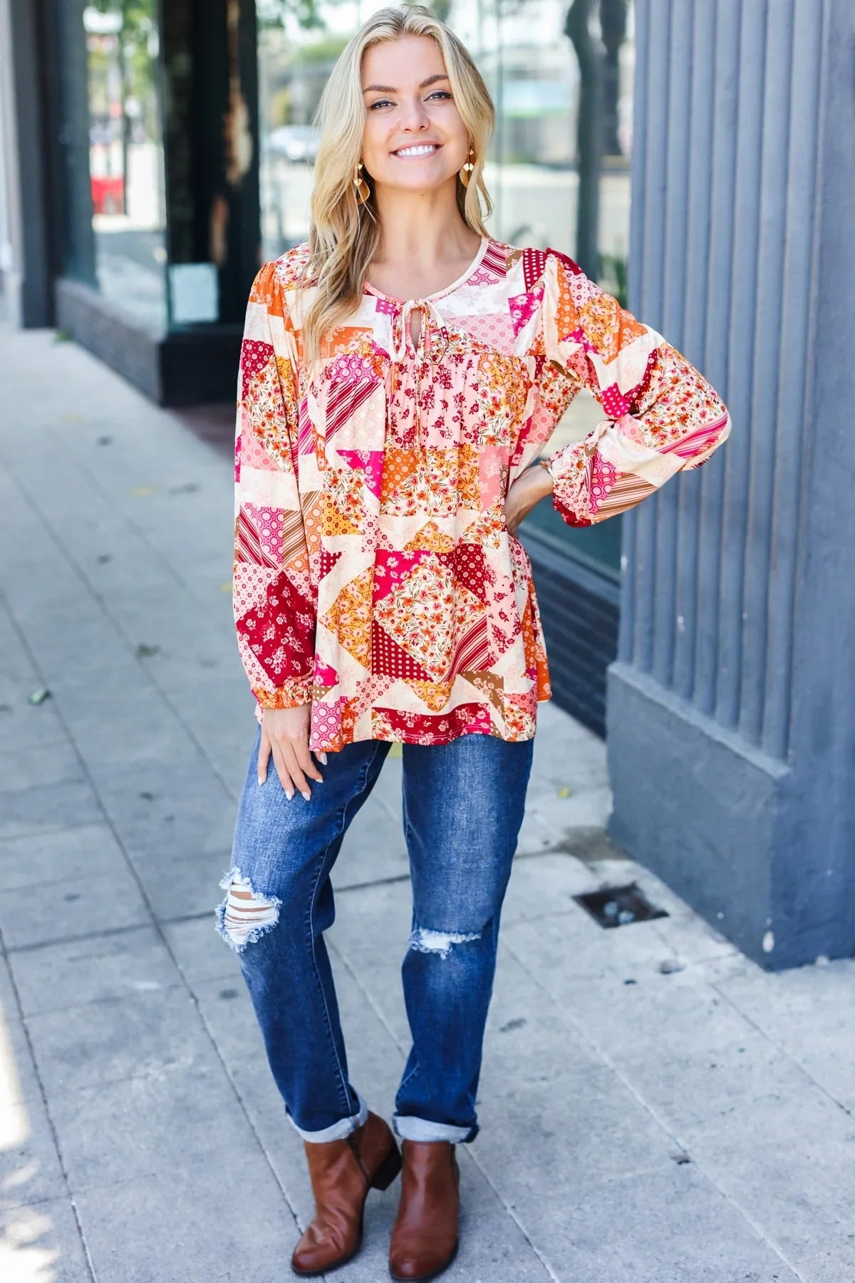 Rust & Magenta Patchwork Print Front Tie Boho Top | Daverri Fashions