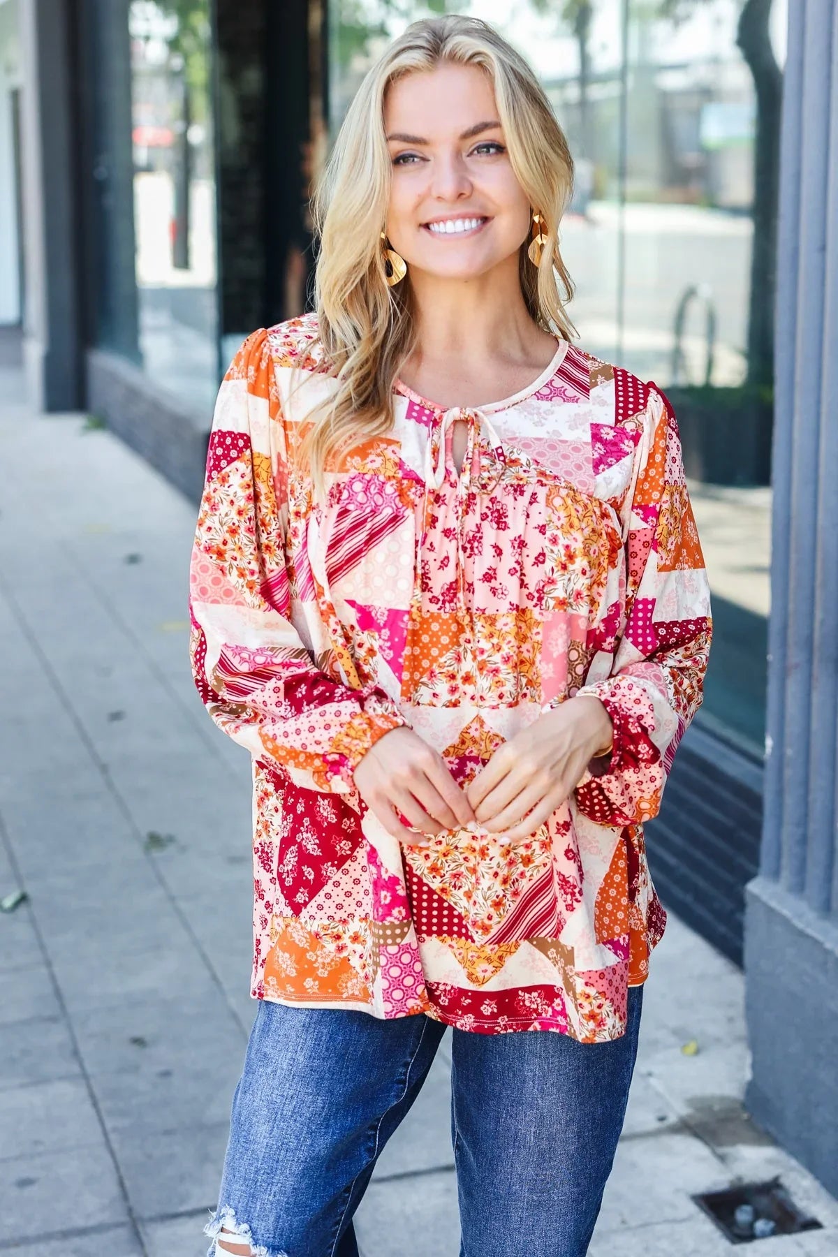 Rust & Magenta Patchwork Print Front Tie Boho Top | Daverri Fashions