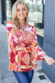 Rust & Magenta Patchwork Print Front Tie Boho Top | Daverri Fashions