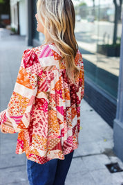 Rust & Magenta Patchwork Print Front Tie Boho Top | Daverri Fashions