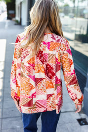 Rust & Magenta Patchwork Print Front Tie Boho Top | Daverri Fashions