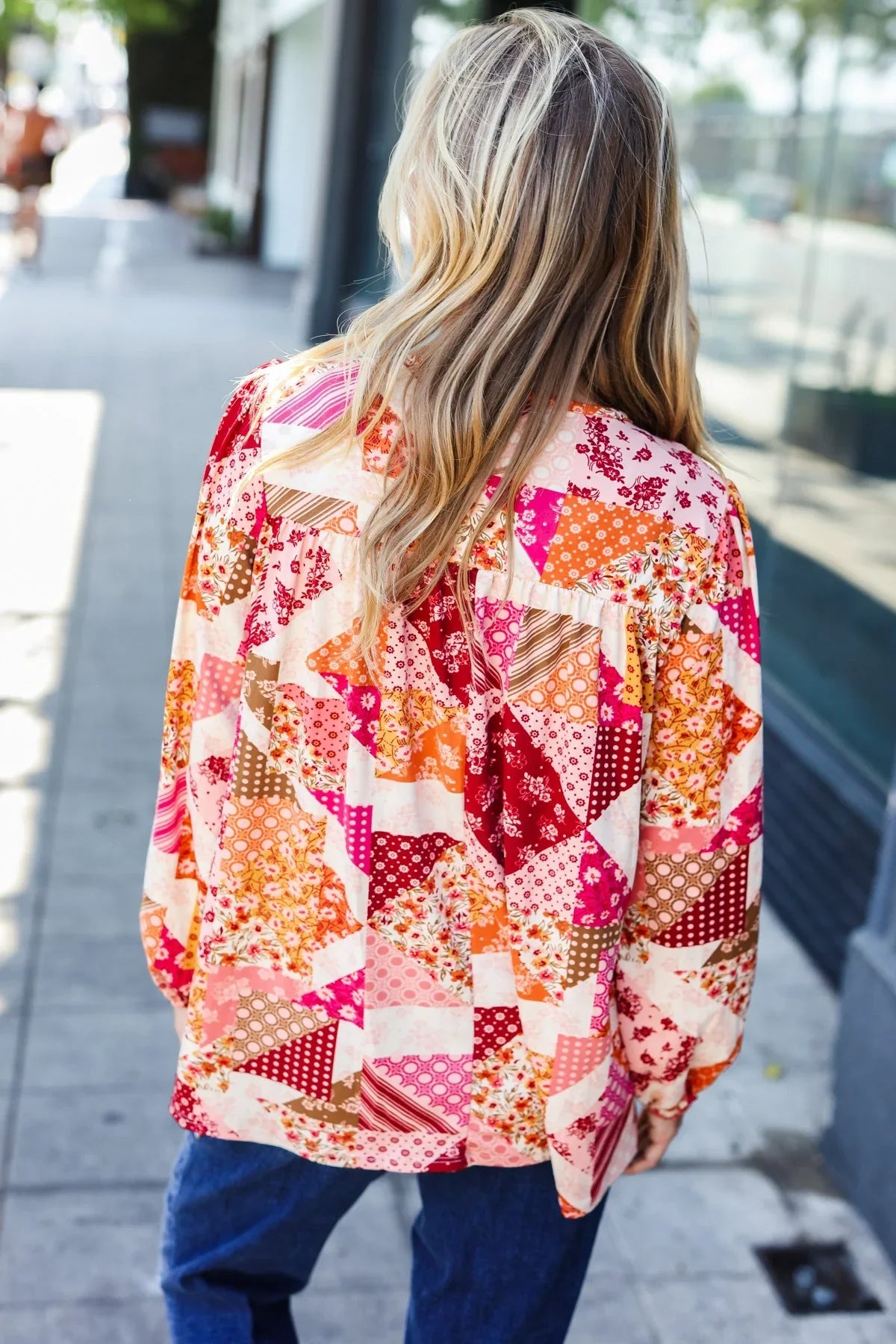 Rust & Magenta Patchwork Print Front Tie Boho Top | Daverri Fashions