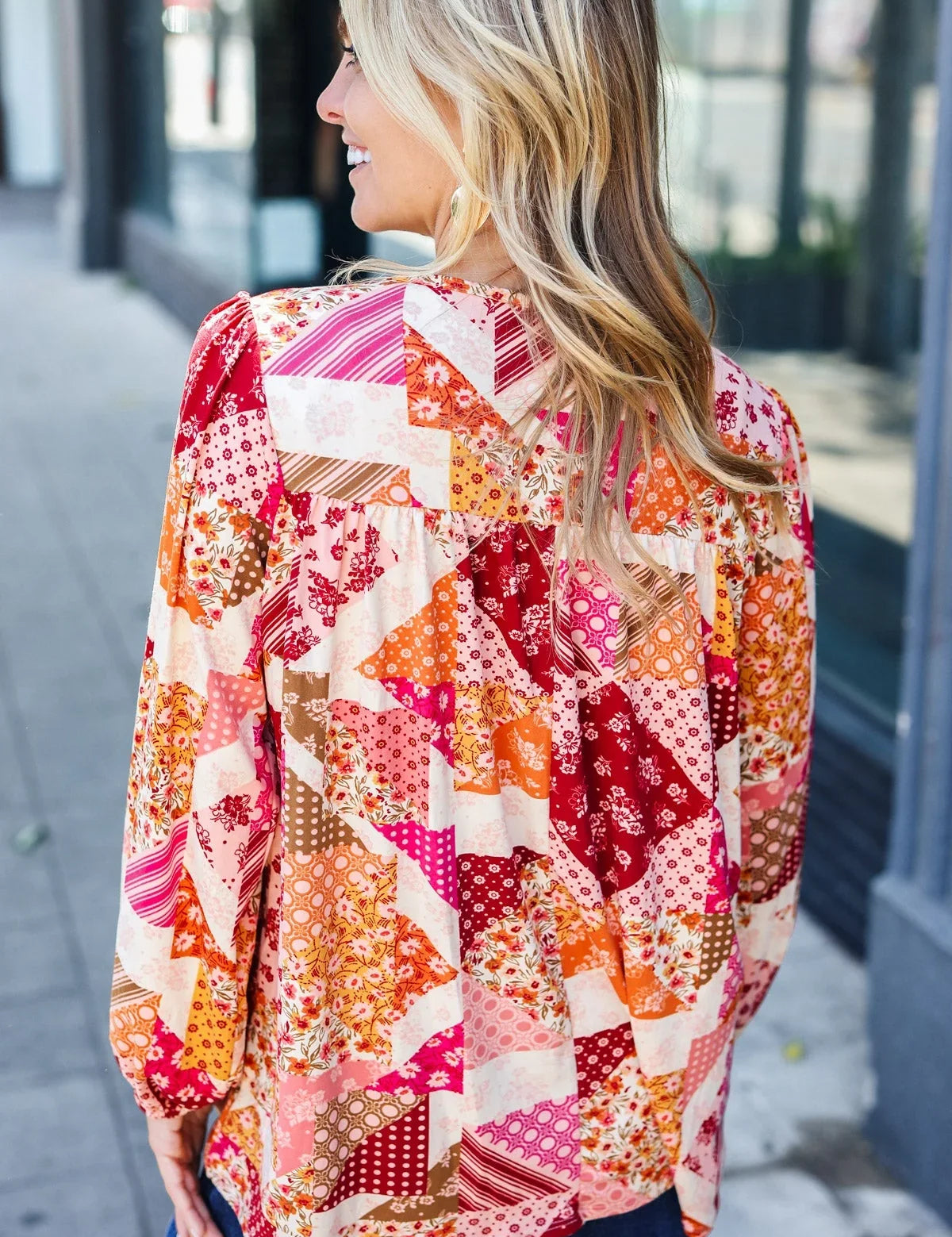 Rust & Magenta Patchwork Print Front Tie Boho Top | Daverri Fashions