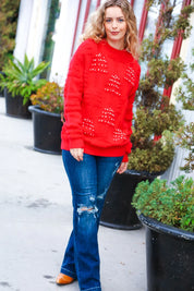 More The Merrier Red Pearl Christmas Tree Jacquard Sweater | Daverri Fashions