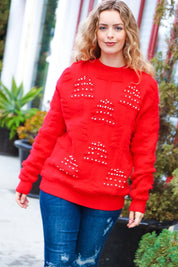 More The Merrier Red Pearl Christmas Tree Jacquard Sweater | Daverri Fashions