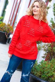 More The Merrier Red Pearl Christmas Tree Jacquard Sweater | Daverri Fashions