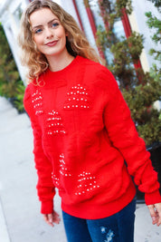 More The Merrier Red Pearl Christmas Tree Jacquard Sweater | Daverri Fashions