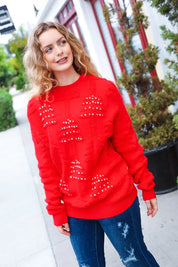 More The Merrier Red Pearl Christmas Tree Jacquard Sweater | Daverri Fashions