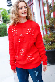 More The Merrier Red Pearl Christmas Tree Jacquard Sweater | Daverri Fashions
