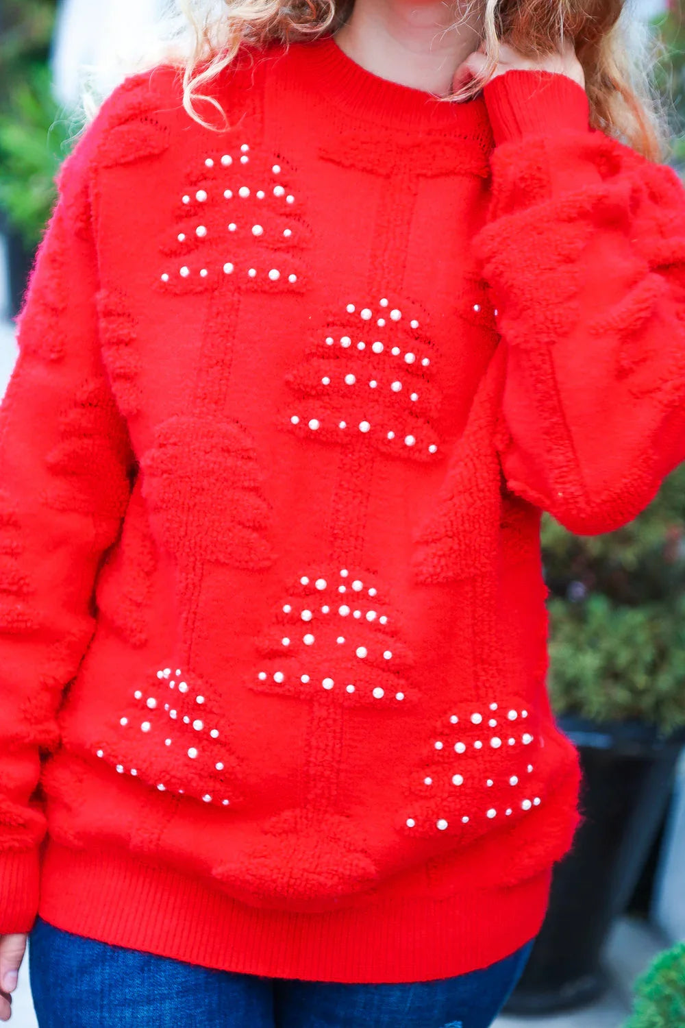 More The Merrier Red Pearl Christmas Tree Jacquard Sweater | Daverri Fashions