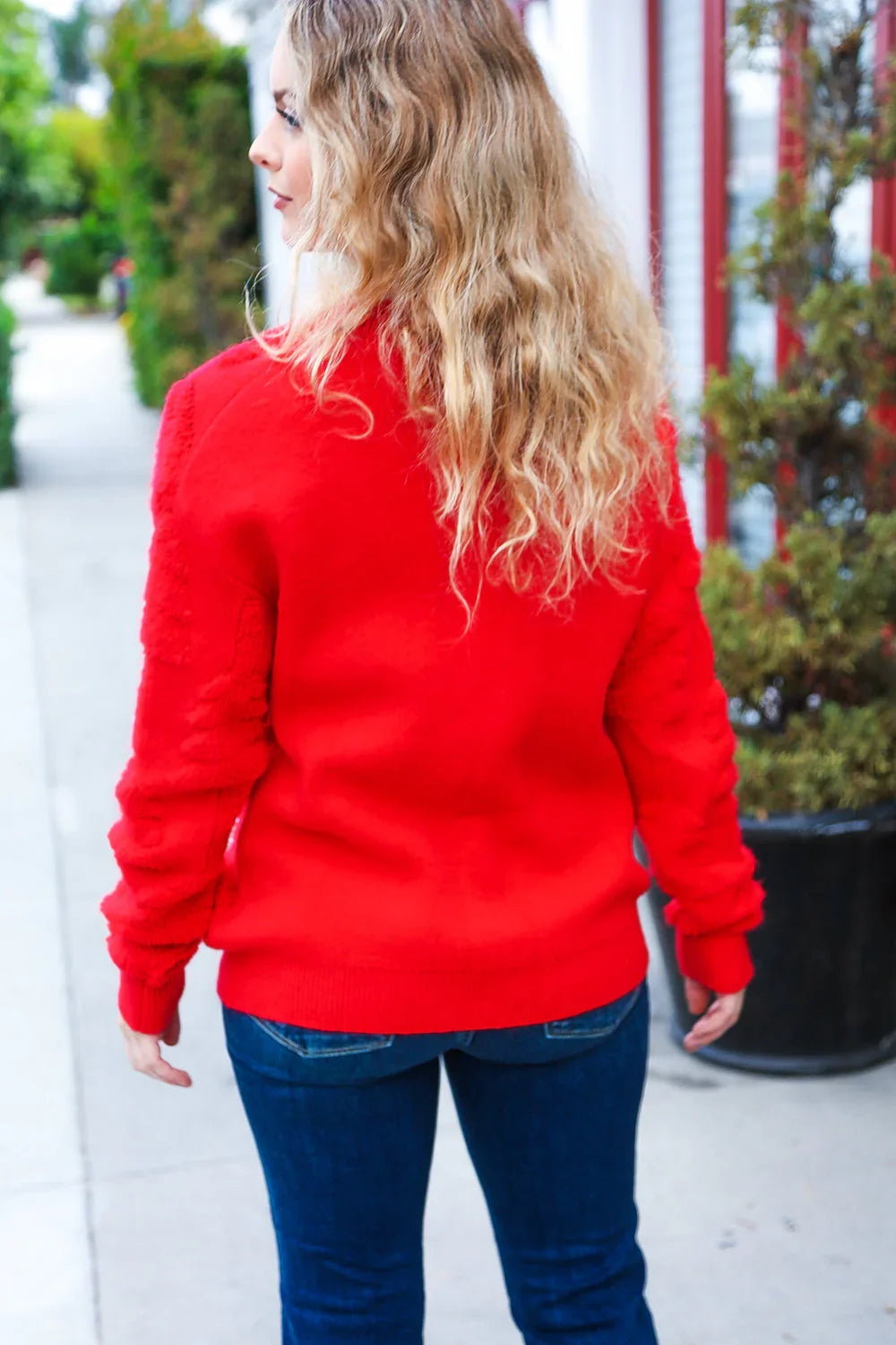 More The Merrier Red Pearl Christmas Tree Jacquard Sweater | Daverri Fashions