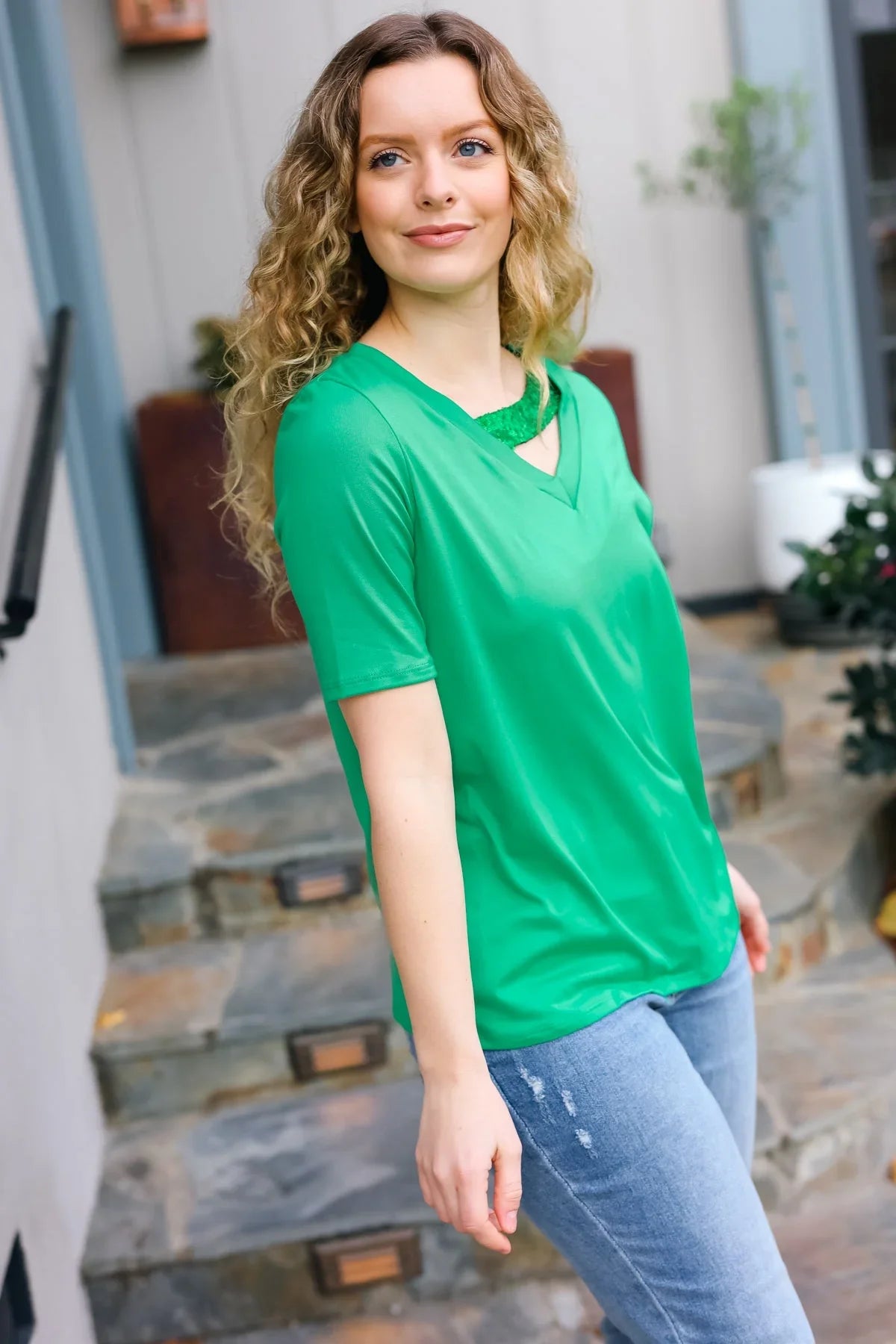 Saint Patrick Asymmetrical Sequin Banded V Neck Top | Daverri Fashions