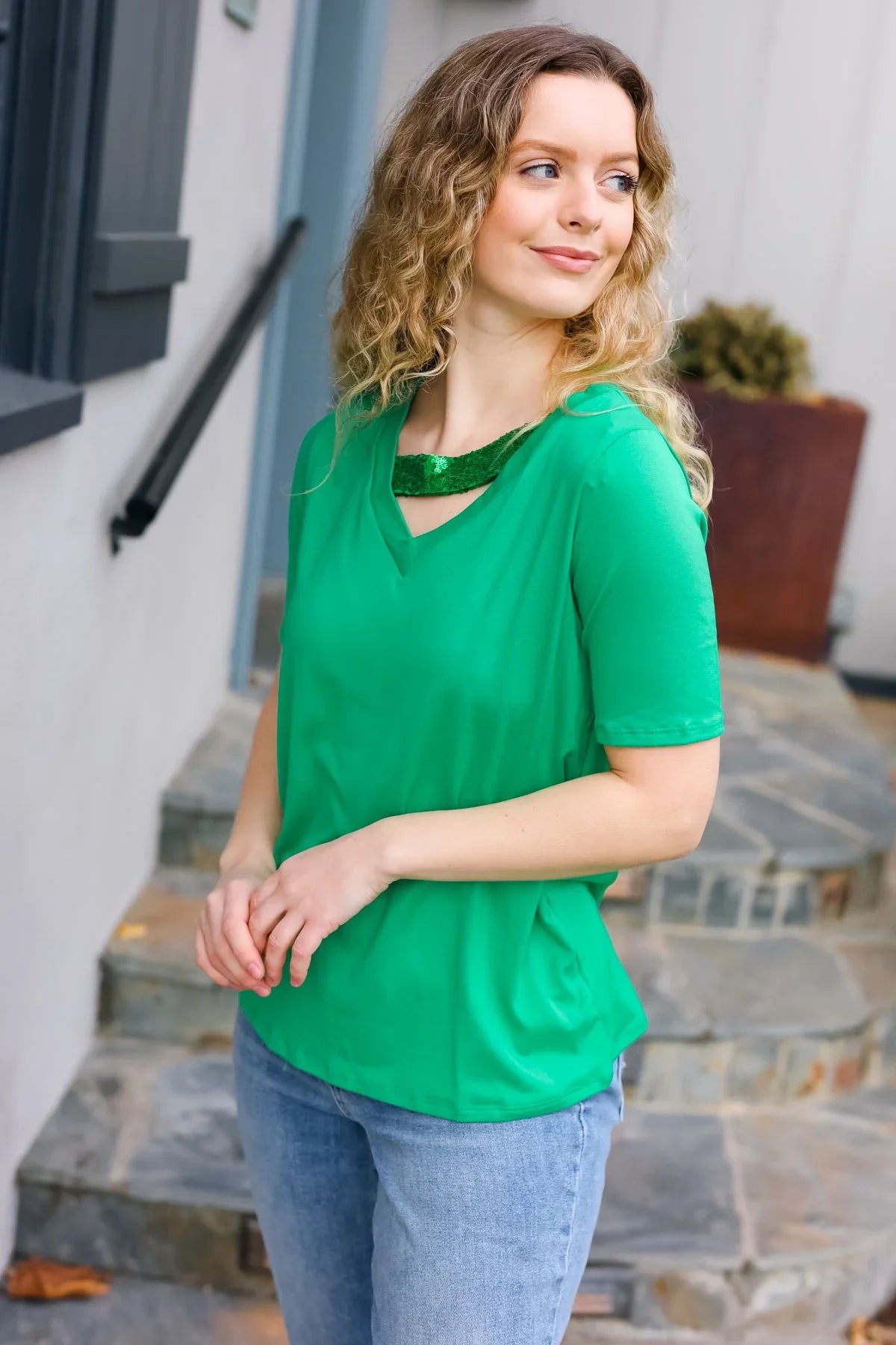 Saint Patrick Asymmetrical Sequin Banded V Neck Top | Daverri Fashions