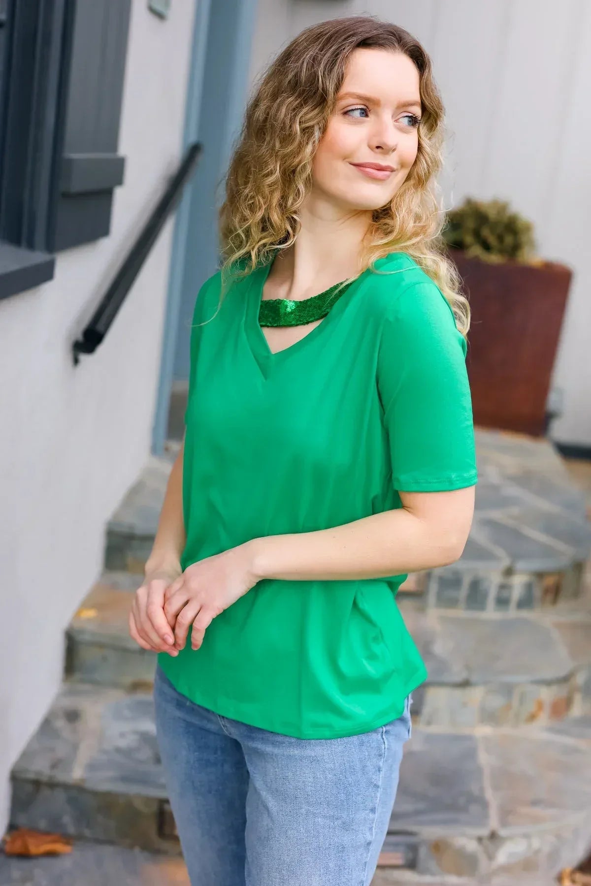 Saint Patrick Asymmetrical Sequin Banded V Neck Top - DAVERRI FASHIONS