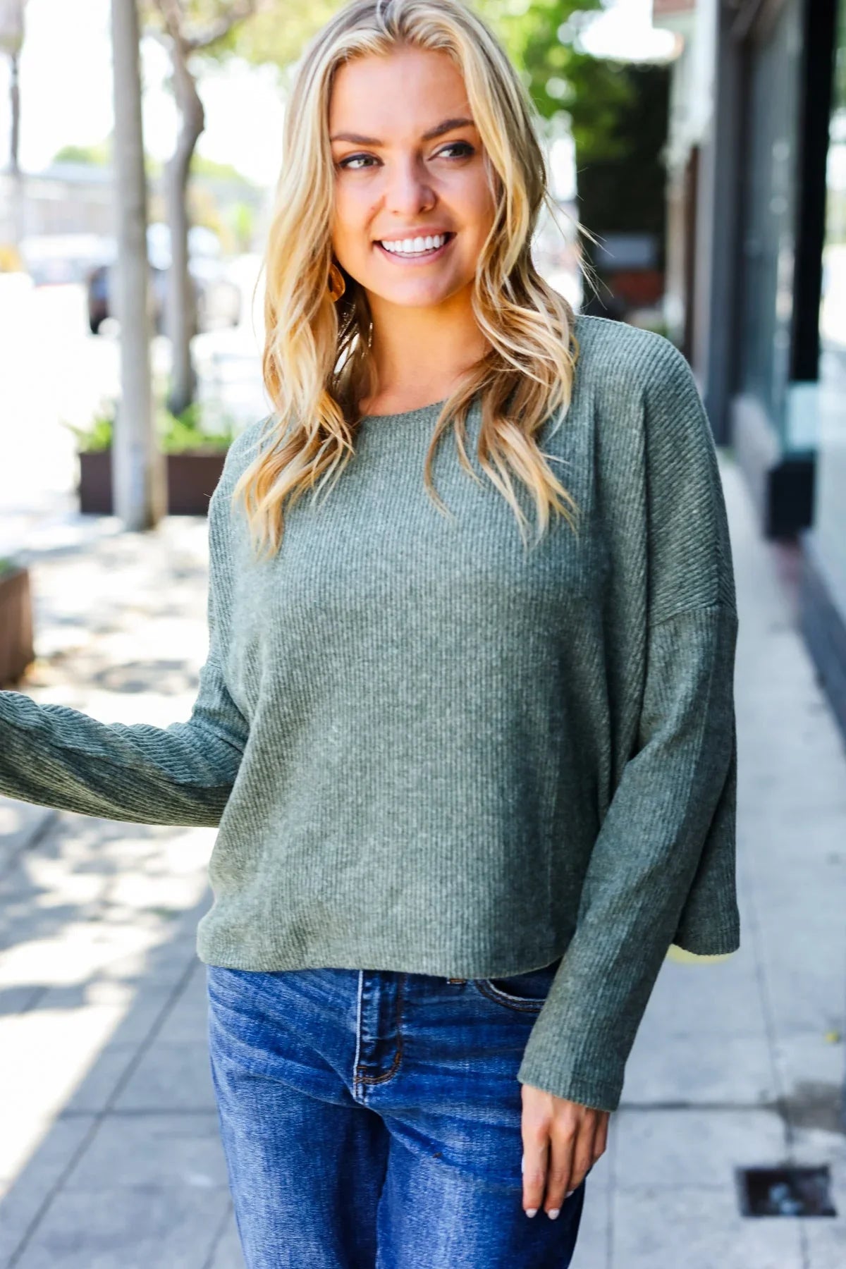 Olive Ribbed Dolman Cropped Sweater | Daverri Fashions