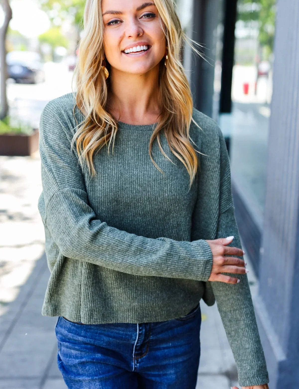 Olive Ribbed Dolman Cropped Sweater | Daverri Fashions