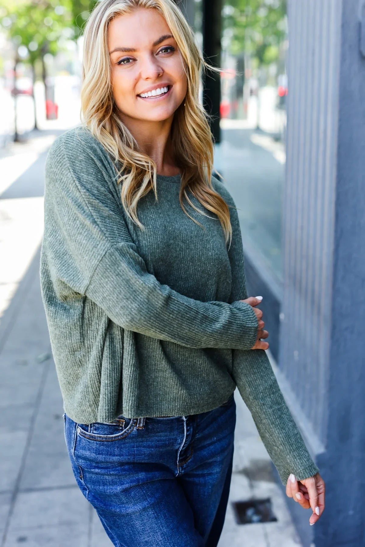 Olive Ribbed Dolman Cropped Sweater | Daverri Fashions