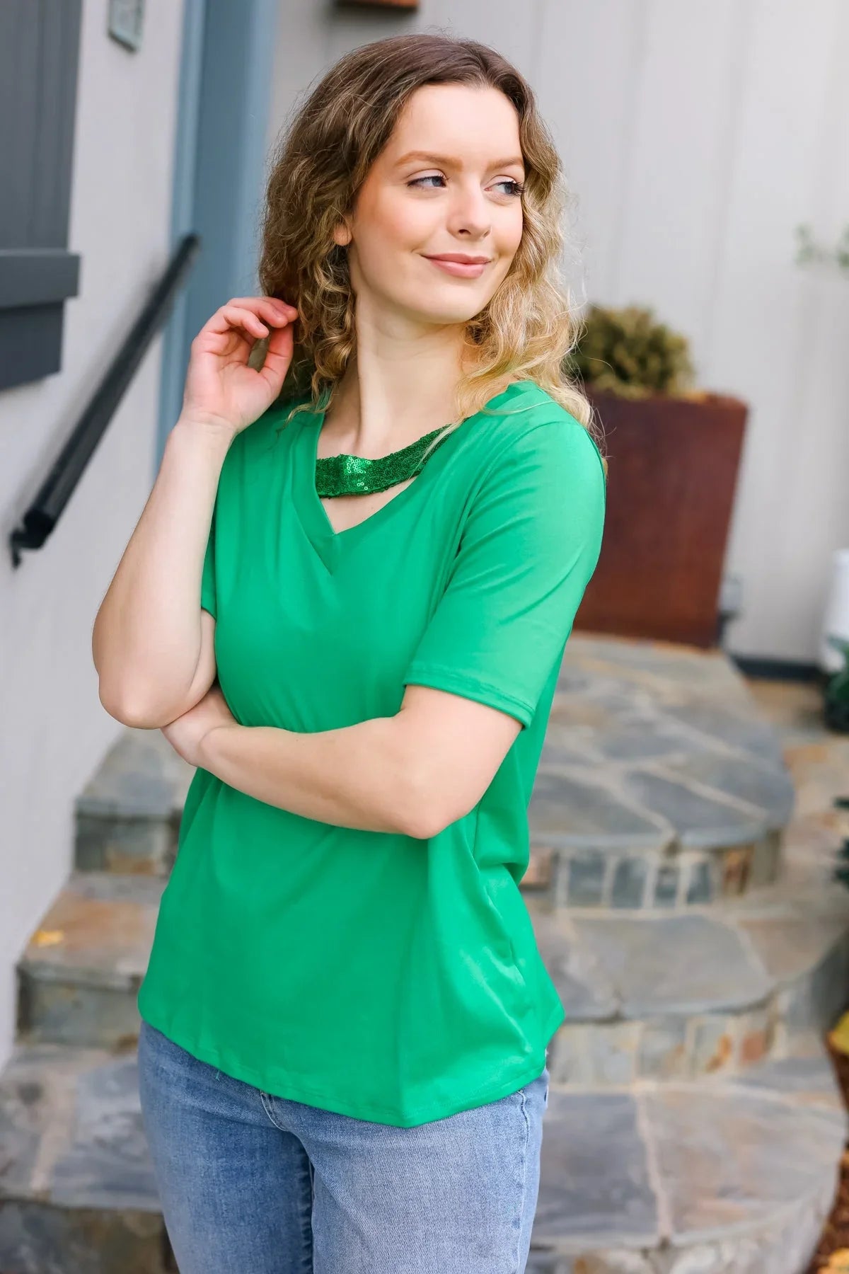 Saint Patrick Asymmetrical Sequin Banded V Neck Top | Daverri Fashions