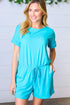 Ice Blue Brushed Knit Elastic Waist Pocketed Romper - DAVERRI FASHIONS