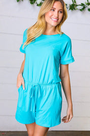 Ice Blue Brushed Knit Elastic Waist Pocketed Romper | Daverri Fashions