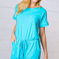 Ice Blue Brushed Knit Elastic Waist Pocketed Romper - DAVERRI FASHIONS