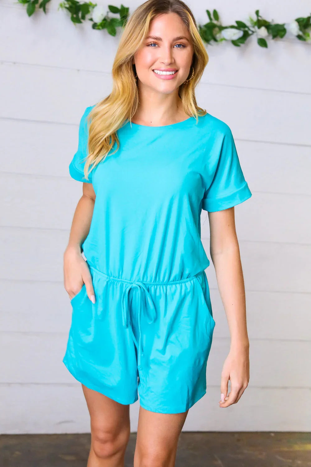 Ice Blue Brushed Knit Elastic Waist Pocketed Romper | Daverri Fashions