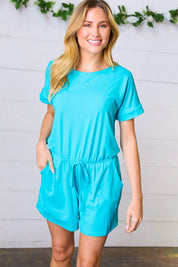 Ice Blue Brushed Knit Elastic Waist Pocketed Romper | Daverri Fashions