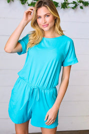 Ice Blue Brushed Knit Elastic Waist Pocketed Romper | Daverri Fashions
