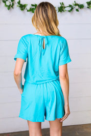 Ice Blue Brushed Knit Elastic Waist Pocketed Romper | Daverri Fashions