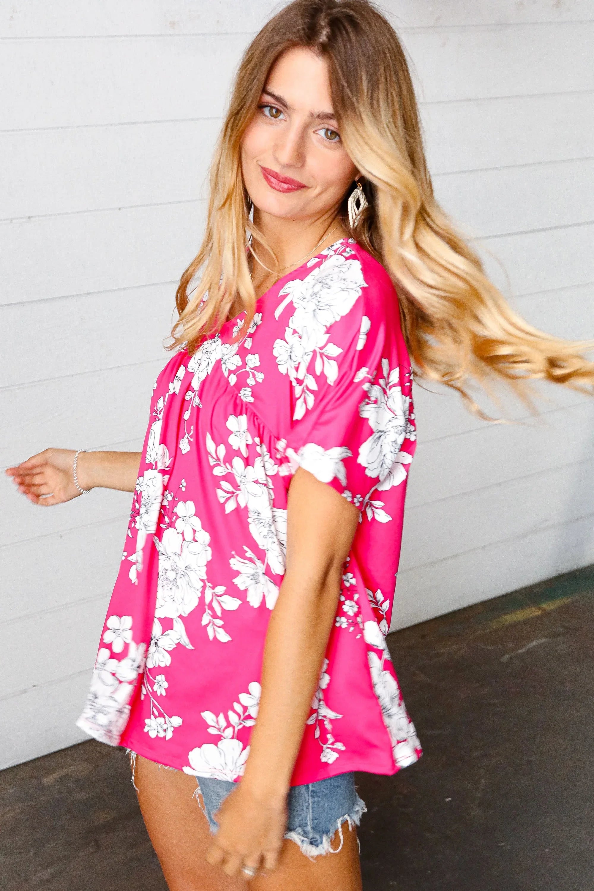 Fuchsia Floral V Neck Dolman Top | Daverri Fashions